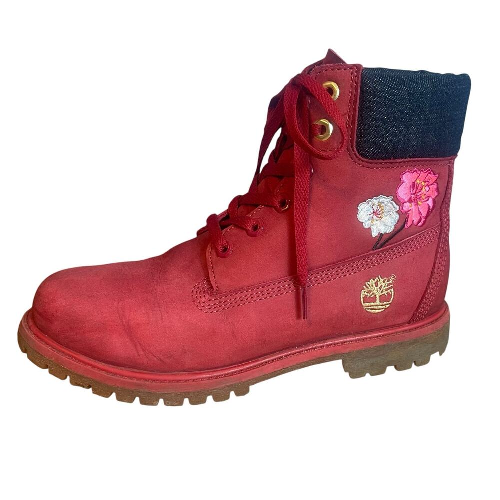 Timberland Red Water Proof Boots with Floral Embroidery **Runs Slightly Small**